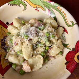 Gnocchi with Bacon Peas and Cream Sauce