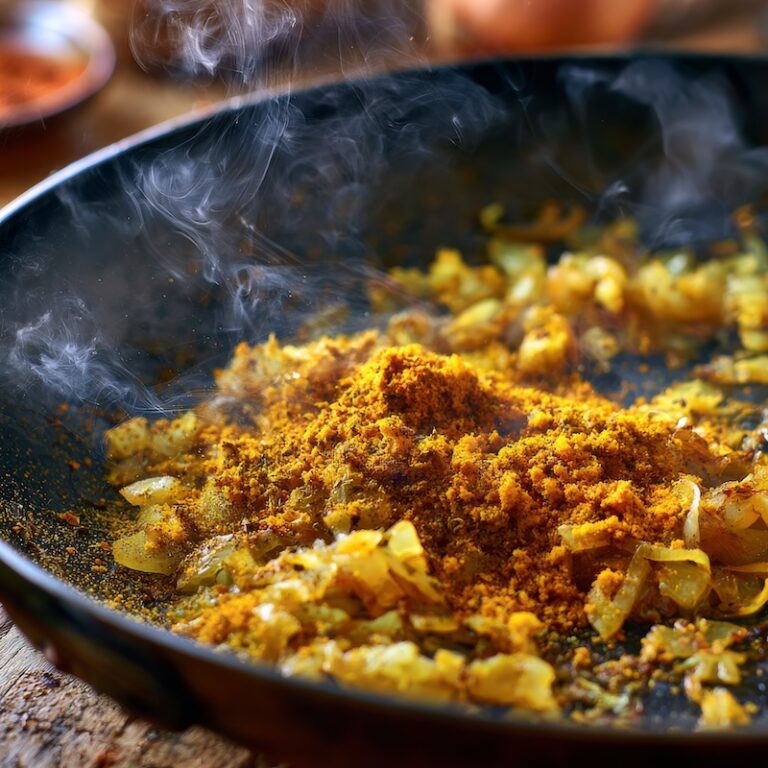 Ground spices blooming in a heavy skillet with golden onions