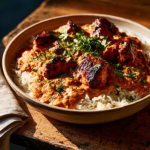Chicken tikka masala in a wide shallow bowl over basmati rice