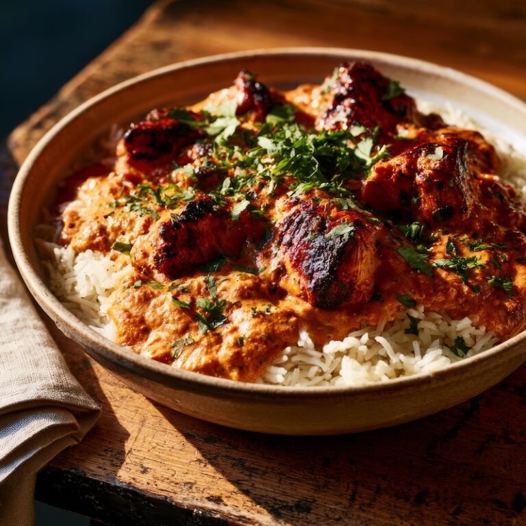 Chicken tikka masala in a wide shallow bowl over basmati rice