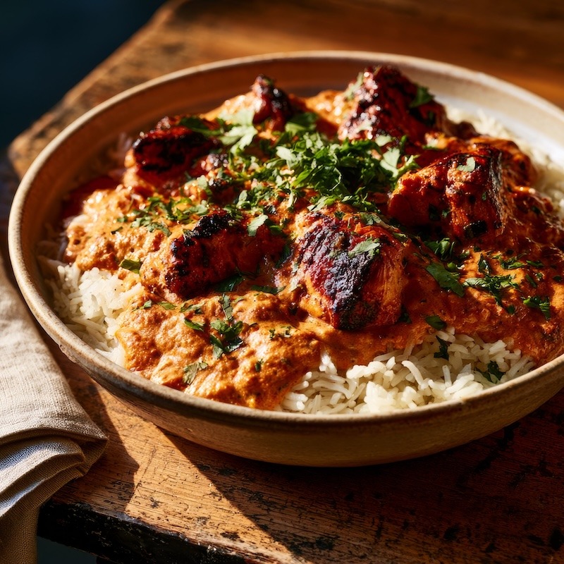 Chicken tikka masala in a wide shallow bowl over basmati rice