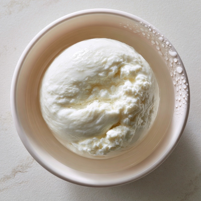 A ball of fresh mozzarella sitting in its packing liquid in a small bowl