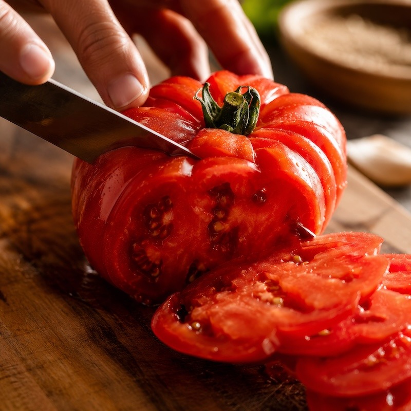 Slicing an heirloom tomato