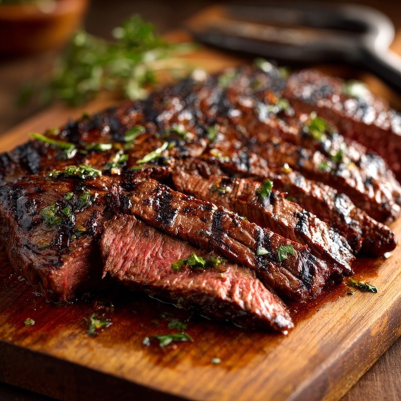 Sliced Grilled Marinated Skirt Steak Sitting on a Wooden Cutting Board