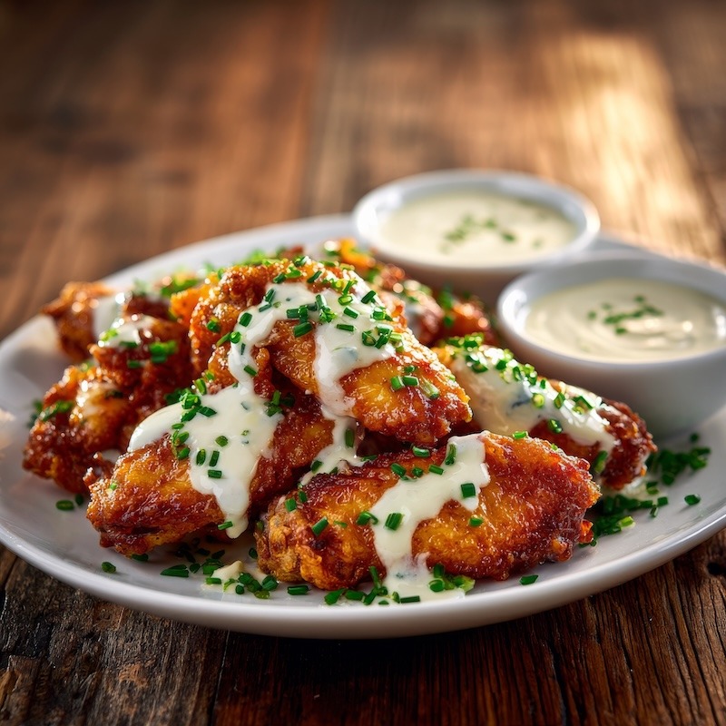 A plate of crispy chicken wings drizzled with creamy Roquefort dressing