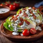 A crisp iceberg wedge salad drizzled generously with creamy Roquefort dressing, sprinkled with blue cheese crumbles and crispy bacon