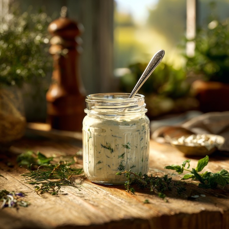 A glass jar filled with creamy Roquefort dressing