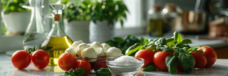 Fresh tomato mozzarella basil salad ingredients arranged on a clean kitchen counter, ripe red tomatoes, fresh mozzarella balls in a small bowl, basil leaves