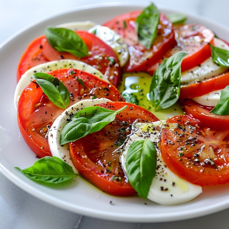 Tomato mozzarella basil salad, neatly arranged slices of ripe red tomatoes and fresh mozzarella, whole basil leaves