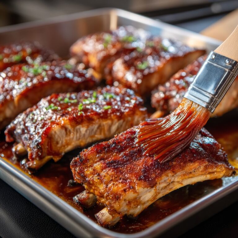Tender oven-baked baby back ribs being brushed with barbecue sauce