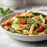 Penne pasta with asparagus, cherry tomatoes, and herbs, plated in a wide shallow white bowl.