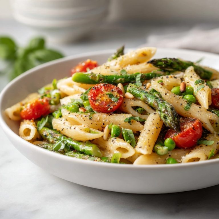 Penne pasta with asparagus, cherry tomatoes, and herbs, plated in a wide shallow white bowl.