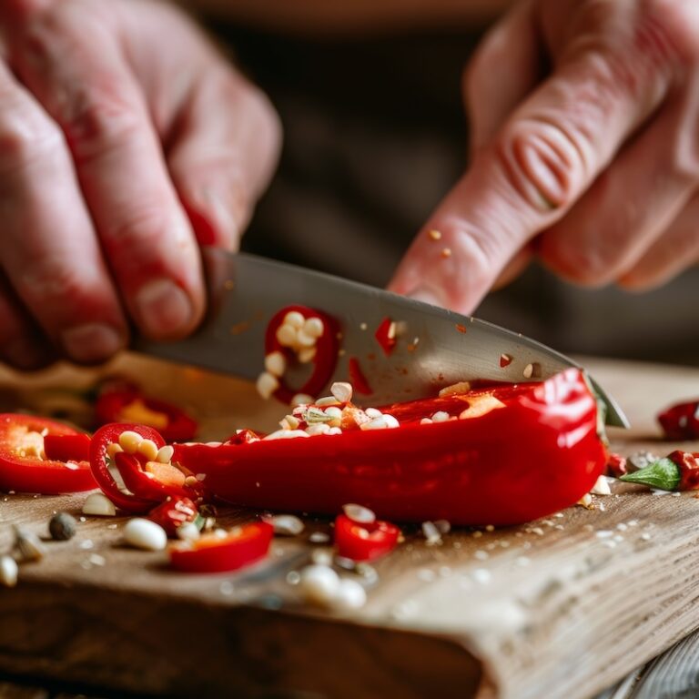 hands slicing a fresh red chili pepper on a wooden cutting board,
