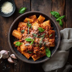 Rustic bowl of rigatoni coated in rich tomato sausage sauce with grated Parmesan and fresh basil