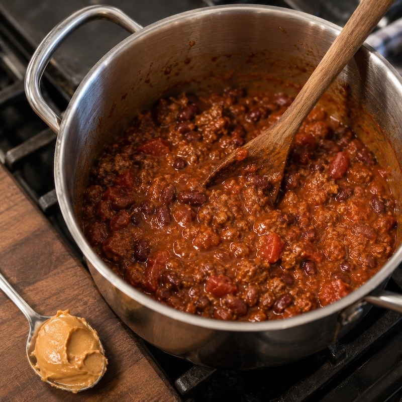 Pot of chili with peanut butter fix