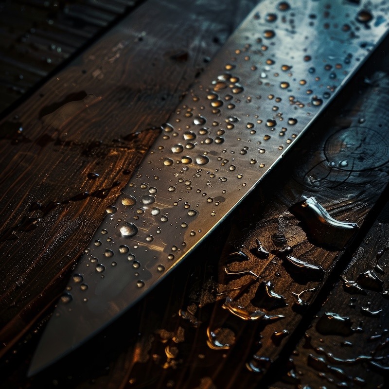 A sharp kitchen knife edge on dark wooden surface
