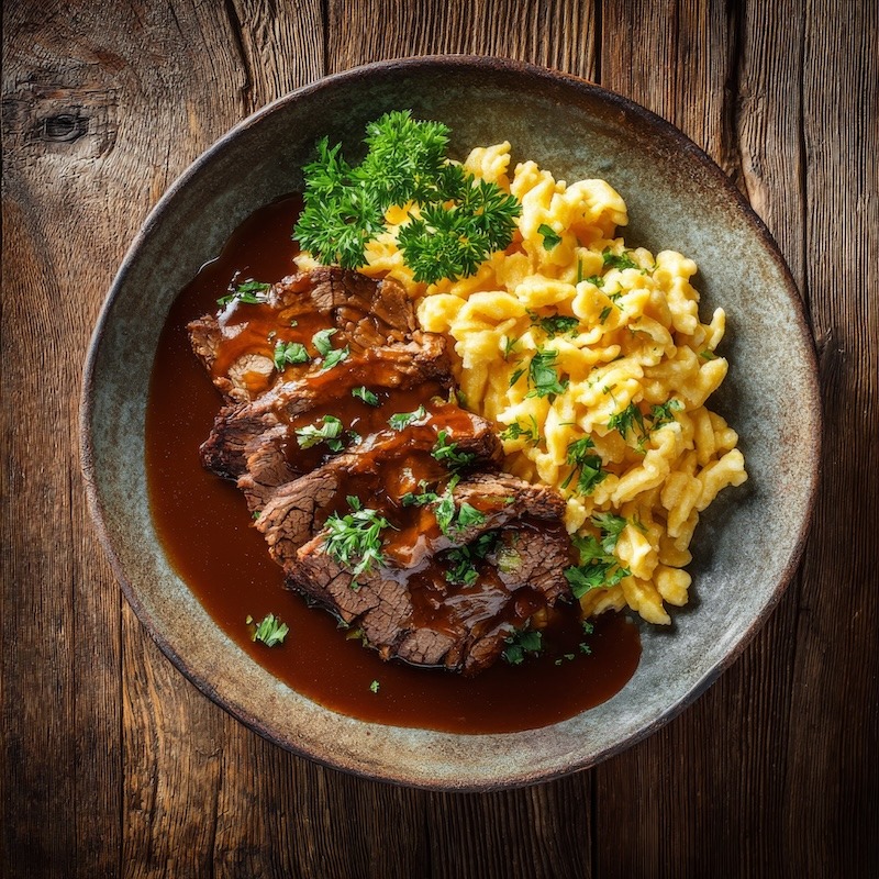 Plate of German Sauerbraten with tender braised beef in rich gravy, served with soft golden homemade spaetzle, garnished with parsley, rustic wooden table setting