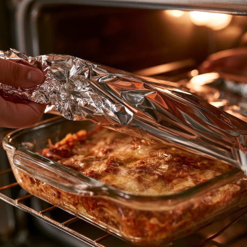aluminum foil being tented loosely over a baking dish of lasagna