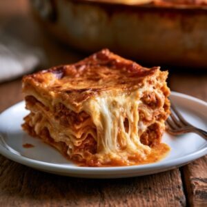 A slice of baked lasagna on a white plate