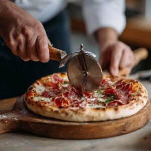 cutting a pizza with a pizza cutter