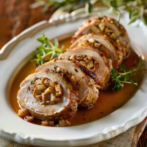 roasted stuffed pork loin sliced into thick medallions, glossy pan sauce drizzled over the slices
