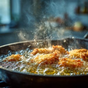 A deep frying pan filled with hot, golden oil, vigorously foaming