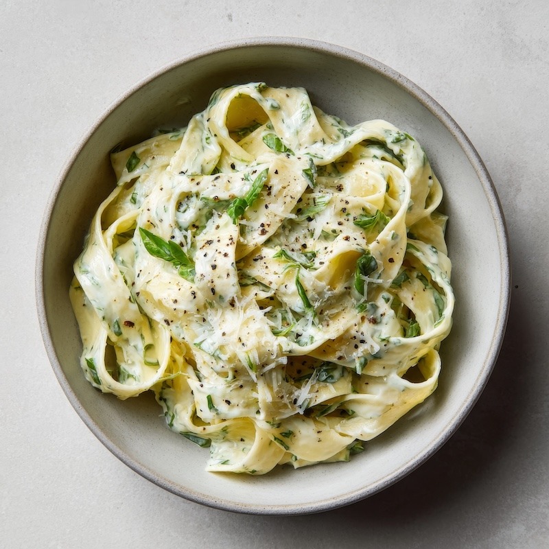 Pappardelle pasta coated in a smooth basil cream sauce.