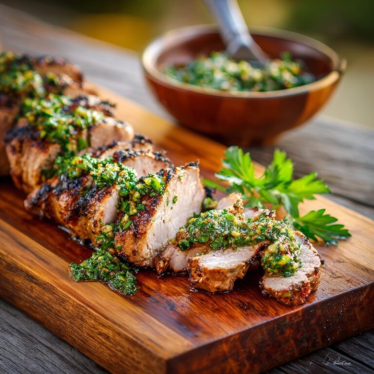 Grilled pork tenderloin sliced on wooden cutting board with vibrant chimichurri sauce
