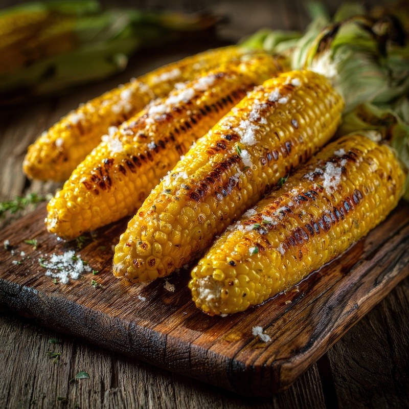 A wooden cutting board with grilled corn