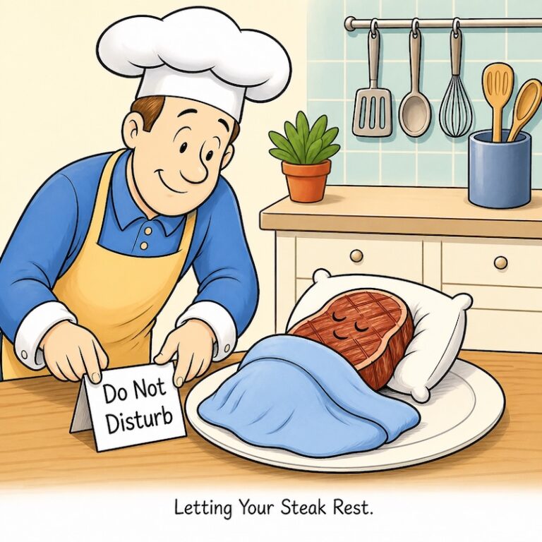 A cartoon of the Reluctant Gourmet putting a steak to bed to REST