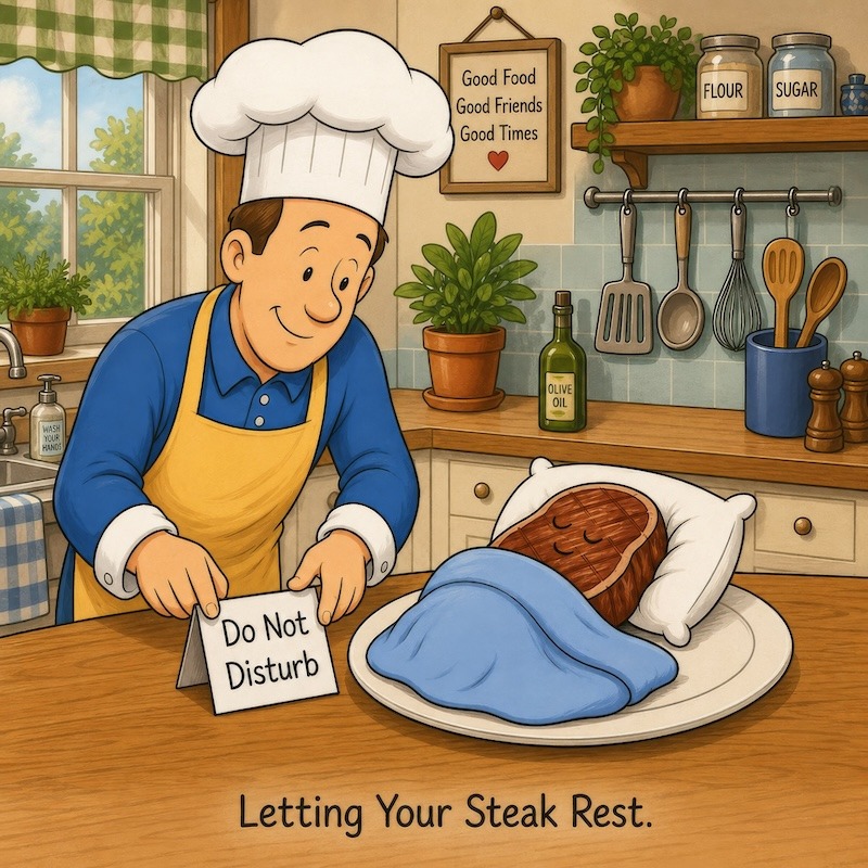 A cartoon of the Reluctant Gourmet putting a steak to bed to REST