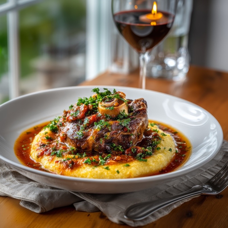 Braised pork osso buco served over creamy polenta