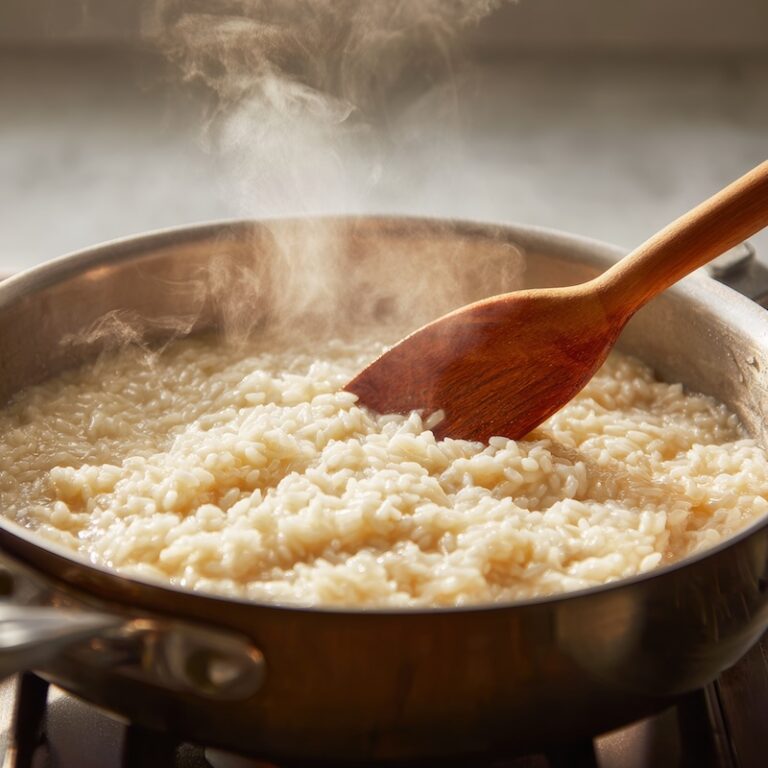 Risotto being stirred in a straight-sided stainless steel skillet
