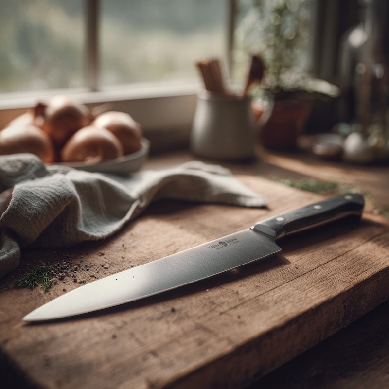 chef's knife resting on a wooden cutting board
