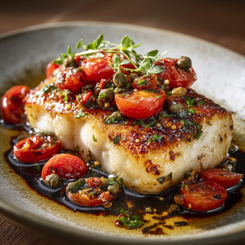 Plated pan-roasted Chilean sea bass with crispy golden skin, topped with halved grape tomatoes, chopped capers, sliced garlic, and fresh oregano, drizzled with balsamic glaze and olive oil, served on a rustic white plate, restaurant-style presentation
