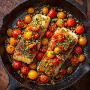 Sea Bass cooked with cherry tomatoes in a skillet