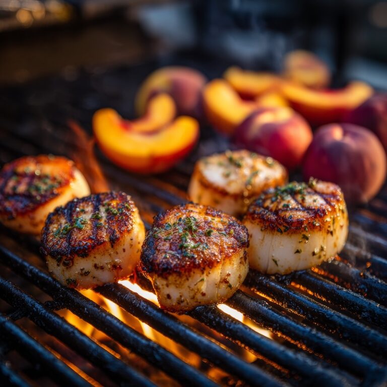 Large sea scallops grilling over clean grill grates with light smoke, nectarines caramelizing beside them