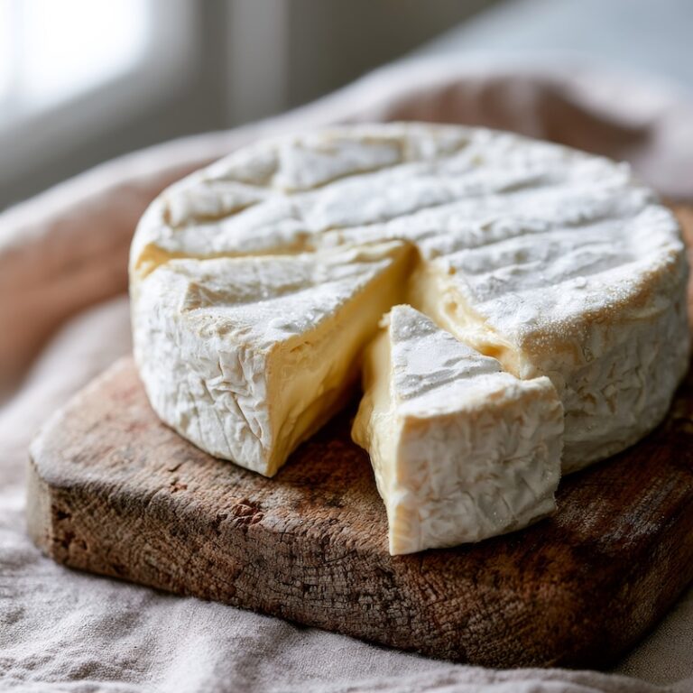 A whole wheel of Brie on a weathered wooden board, white bloomy rind intact, one wedge cut away