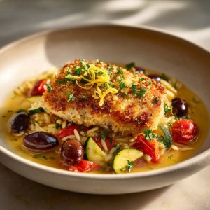 Parmesan-crusted sea bass steaks with golden-brown panko and Parmesan topping.