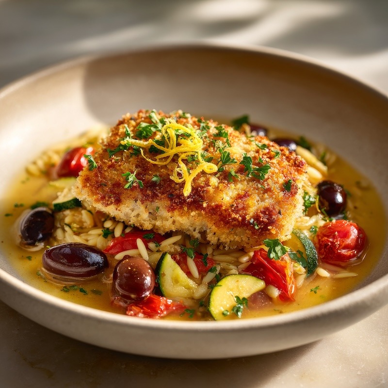 Parmesan-crusted sea bass steaks with golden-brown panko and Parmesan topping.