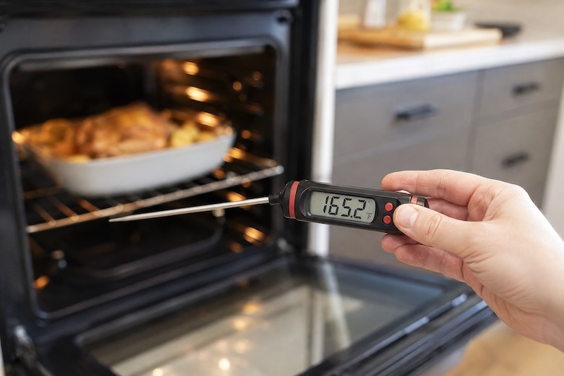 An instant thermometer next to an open oven