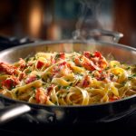 Fettuccine with lobster sauce just finished cooking in a wide stainless-steel frying pan.