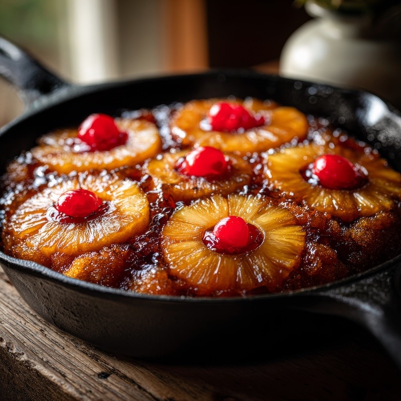 Pineapple upside-down cake freshly flipped in a black cast iron skillet.