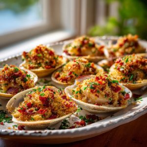 Baked Clams Casino in their half shells, topped with golden crisp panko breadcrumbs.