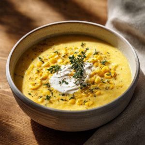A warm bowl of creamy corn soup, partially pureed with visible corn kernels, garnished with a dollop of creme fraiche and sprinkled with fresh thyme, served in a rustic white ceramic bowl.