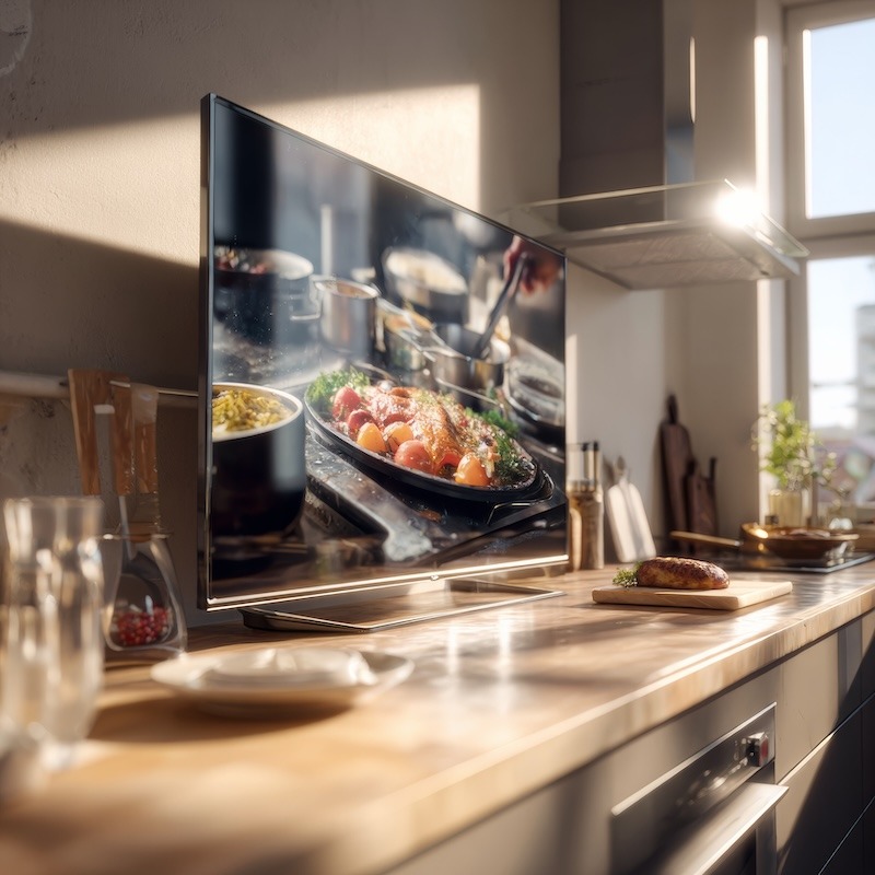 A modern kitchen interior with a sleek flat-screen TV