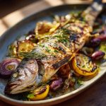 Roasted wild striped bass, whole fish presented on a roasting platter.