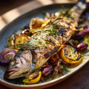 Roasted wild striped bass, whole fish presented on a roasting platter.