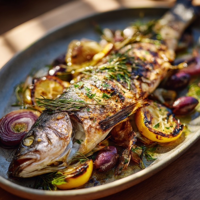 Roasted wild striped bass, whole fish presented on a roasting platter.