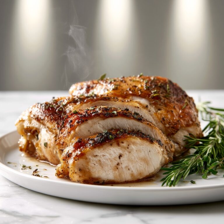 Sliced roasted chicken thigh on a white plate showing moist interior
